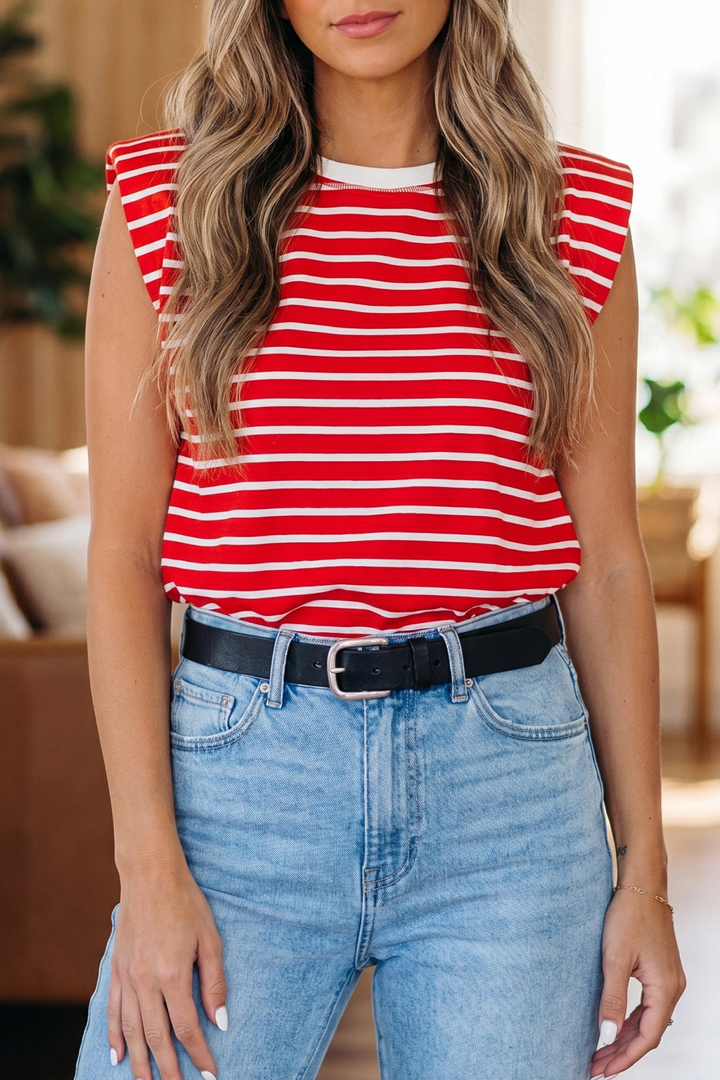 Ivy Trim Loose Tank Top in red and white stripes, showcasing the contrast round neckline.