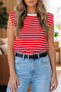 Ivy Trim Loose Tank Top in red and white stripes, showcasing the contrast round neckline.