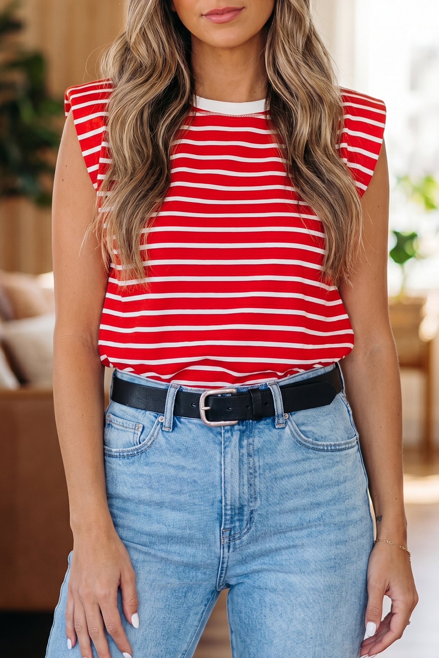 Ivy Trim Loose Tank Top in red and white stripes, showcasing the contrast round neckline.