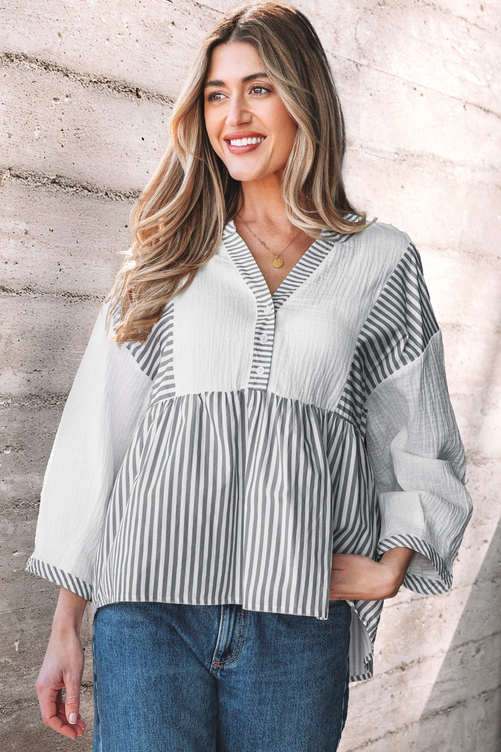 Stripe Gauze Patchwork Half Buttoned Babydoll Blouse