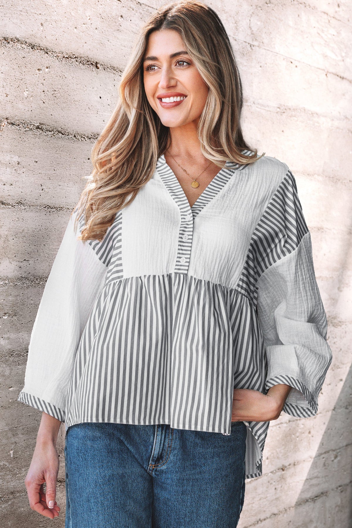 Stripe Gauze Patchwork Half Buttoned Babydoll Blouse