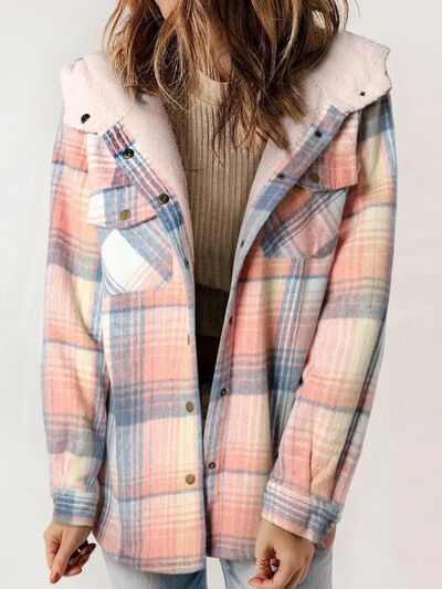 Plush Plaid Snap Down Hooded Jacket Cozy Warm Casual Outerwear