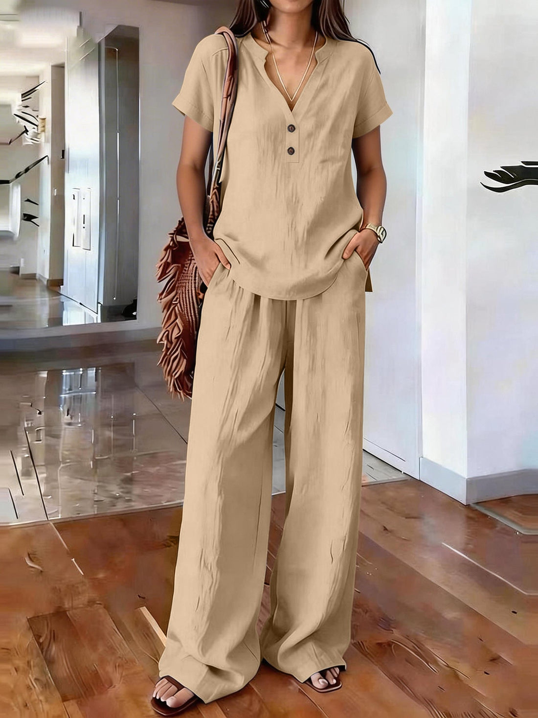 Women’s Casual Solid Color Two Piece Set Relaxed Matching Outfit - Image 4