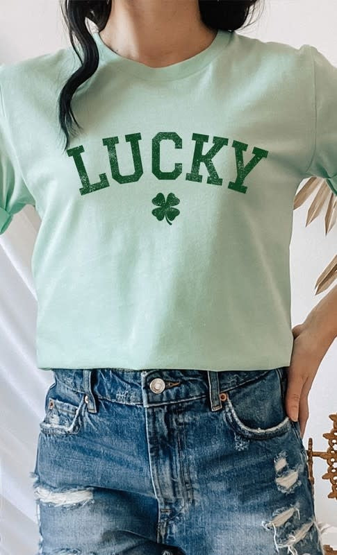 Lucky Shamrock graphic print t-shirt in mint green cotton-poly blend fabric