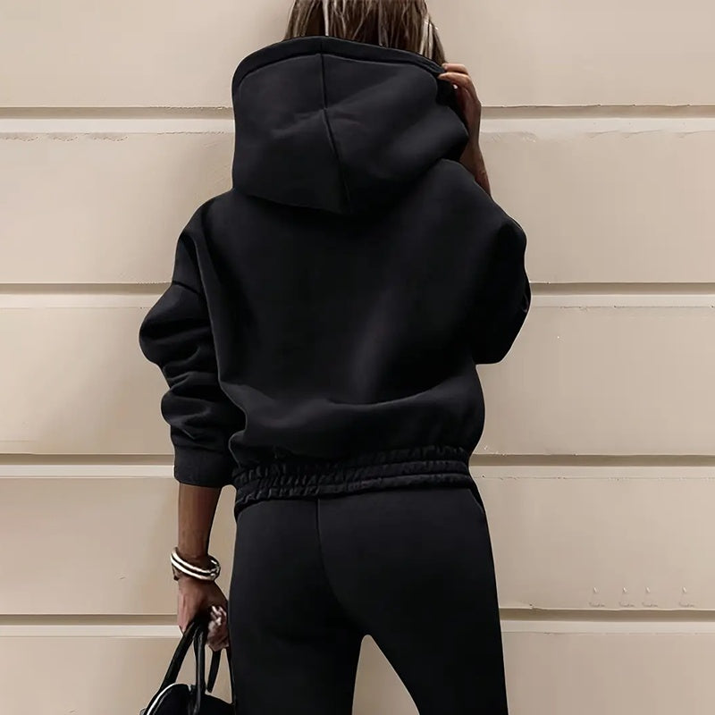 Women's Solid Color Hooded Sweatshirt and Slim Jogger Set - Image 8