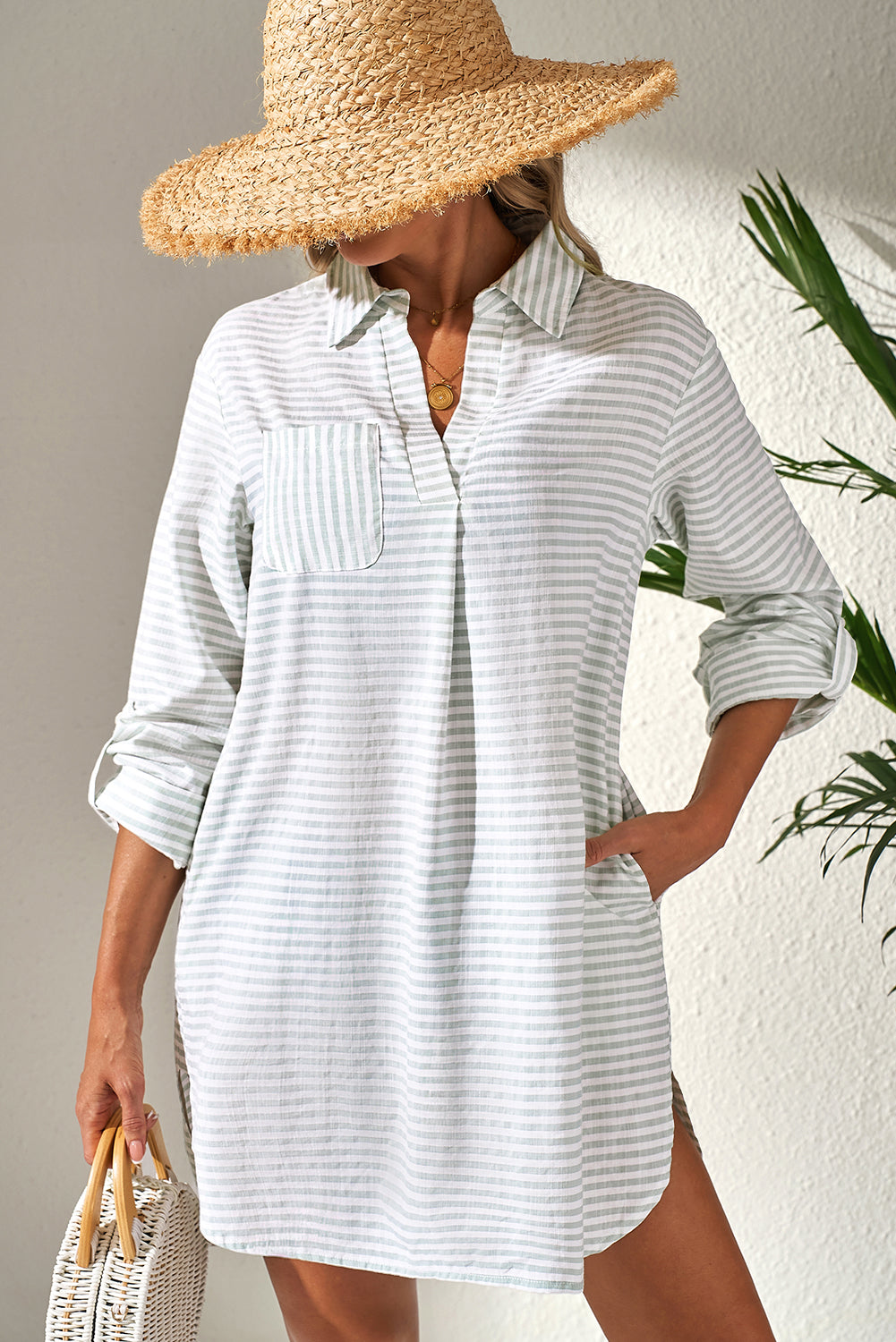 White Stripe Collared V-Neck Beach Cover Up with Chest Pocket