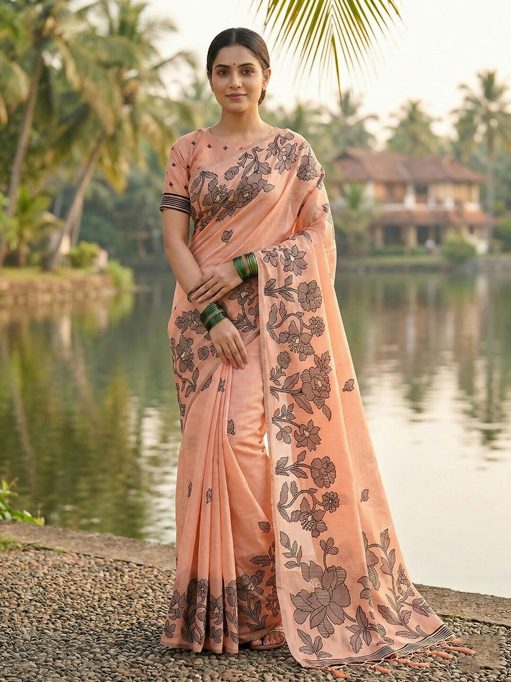 Vibrant orange linen cotton saree with a matching blouse piece, perfect for festive wear.