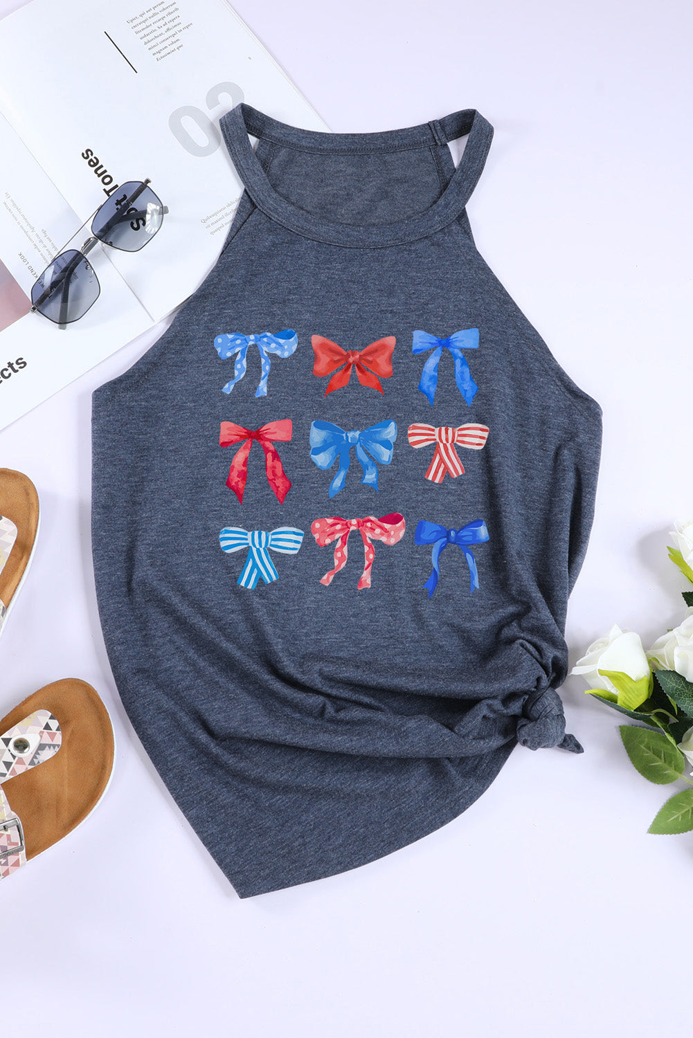 Charcoal Grey Graphic Bow Print Round Neck Sleeveless Tank Top - Image 4