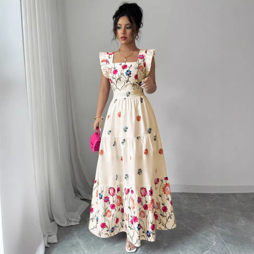 Women’s Puff Sleeve Floral Midi Dress in Cream Multi-Colored Cotton