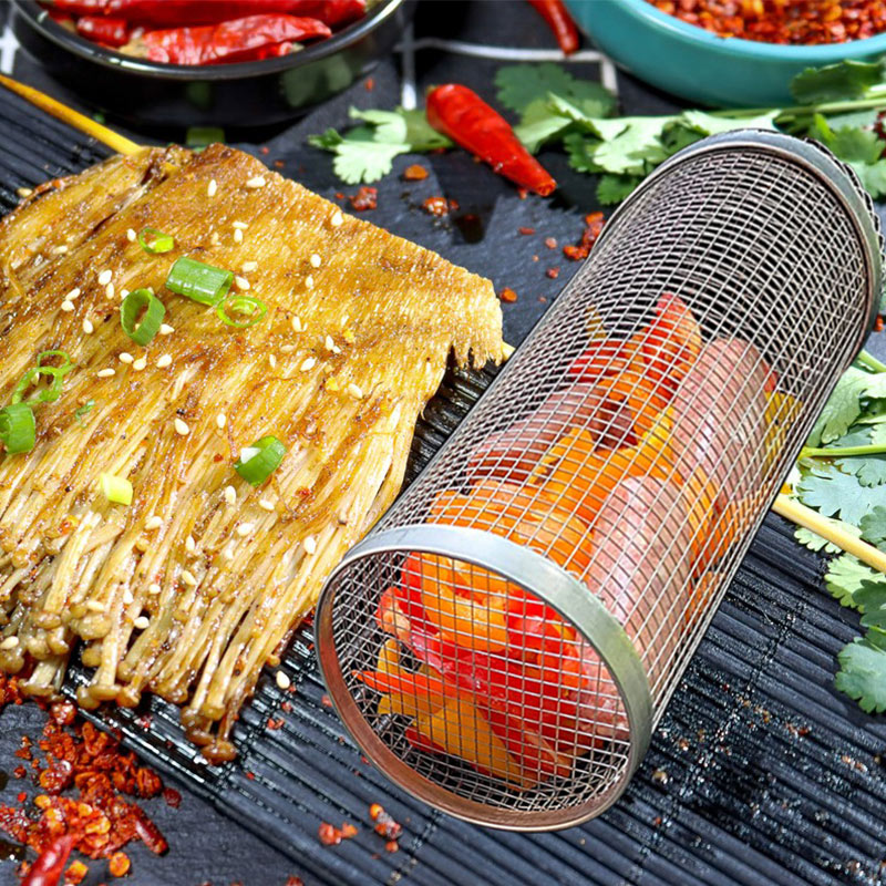Rolling Grilling Basket Stainless Steel BBQ Cylinder for Veggies