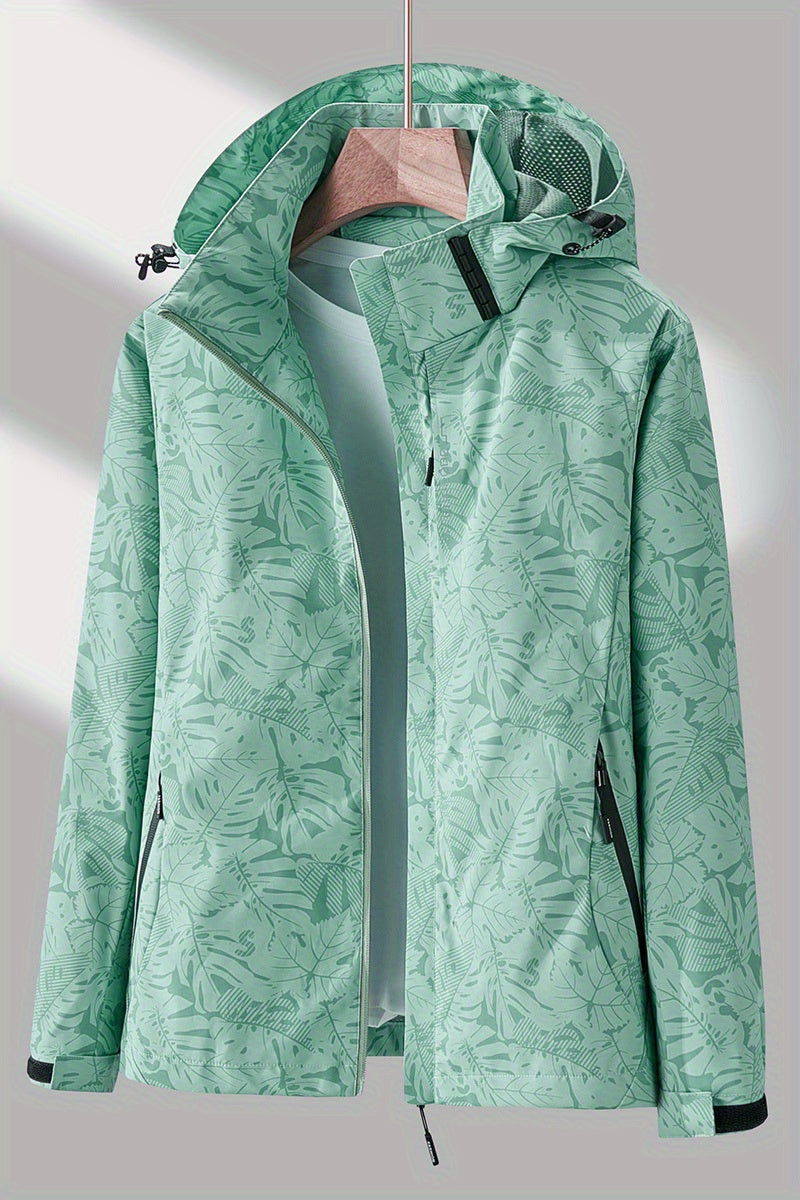 Women's Tropical Leaf Print Lightweight Windproof Hooded Jacket - Image 17