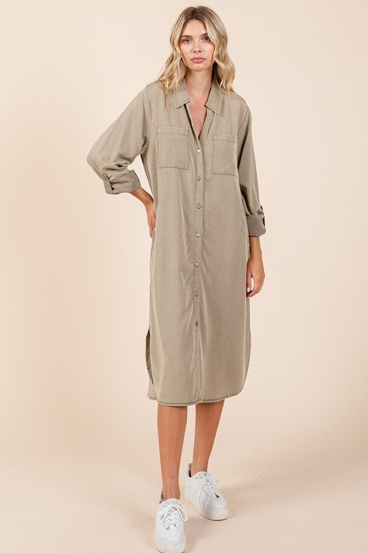 Classic button-down long sleeve shirt dress in olive-green and khaki cotton.
