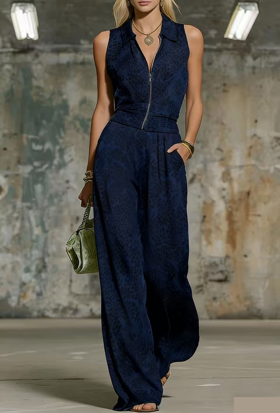 Women's Floral Print Sleeveless Zip-Up Wide Leg Jumpsuit