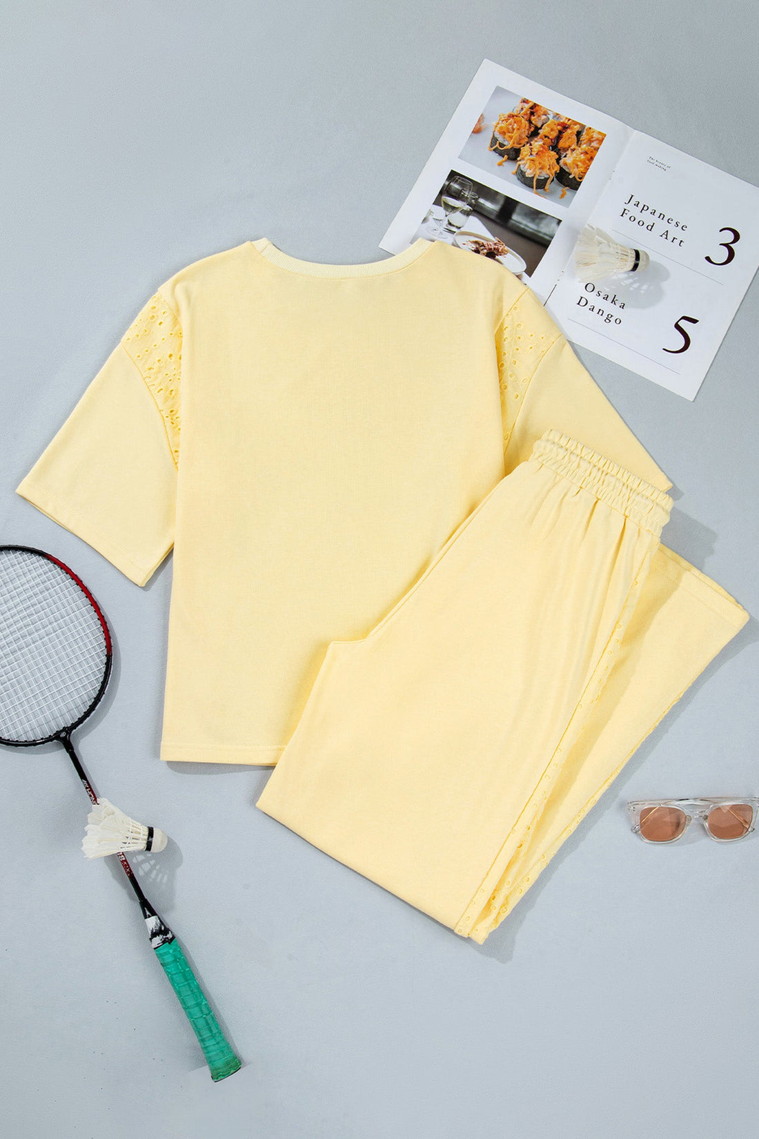Yellow Eyelet Embroidered Patchwork Top & Wide-Leg Pants Set