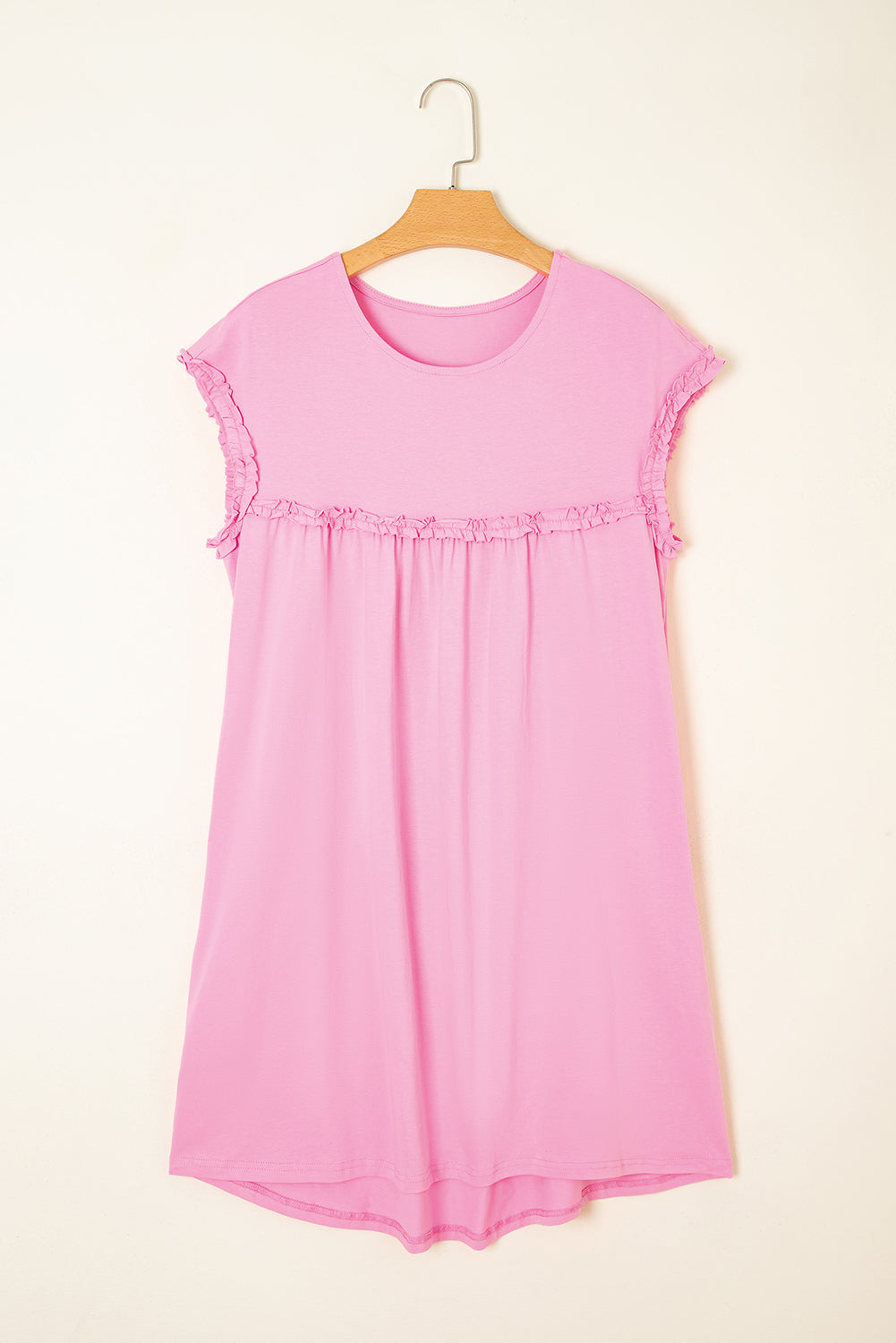 Women's Loose Fit Mini Dress with Frilled Trim - Casual Cotton