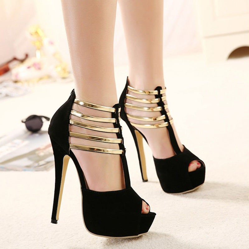 Women Stiletto Platform Peep Toe Pumps with Gold Strap Detail