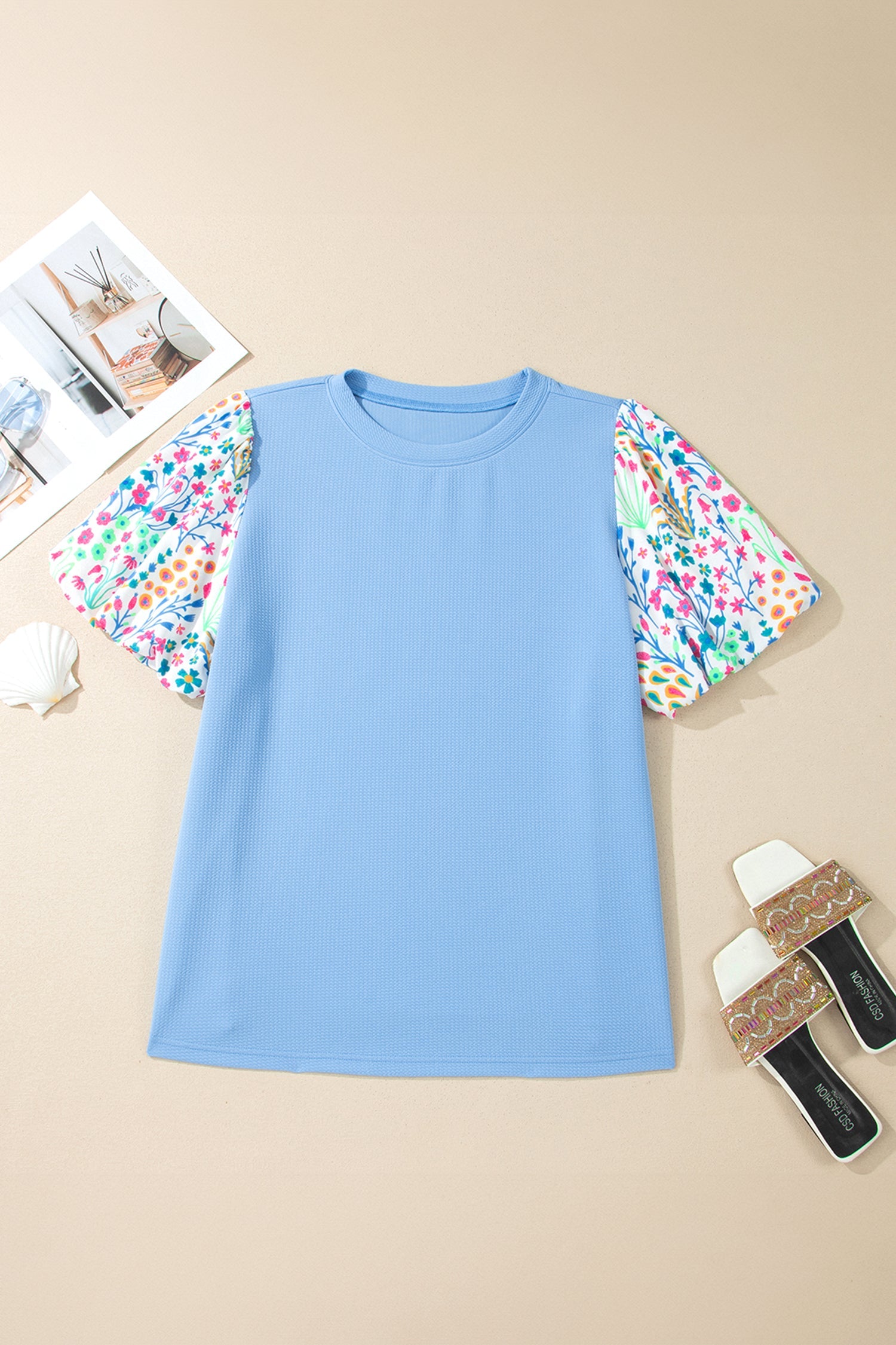 Floral Patchwork Puff Sleeve Textured Top