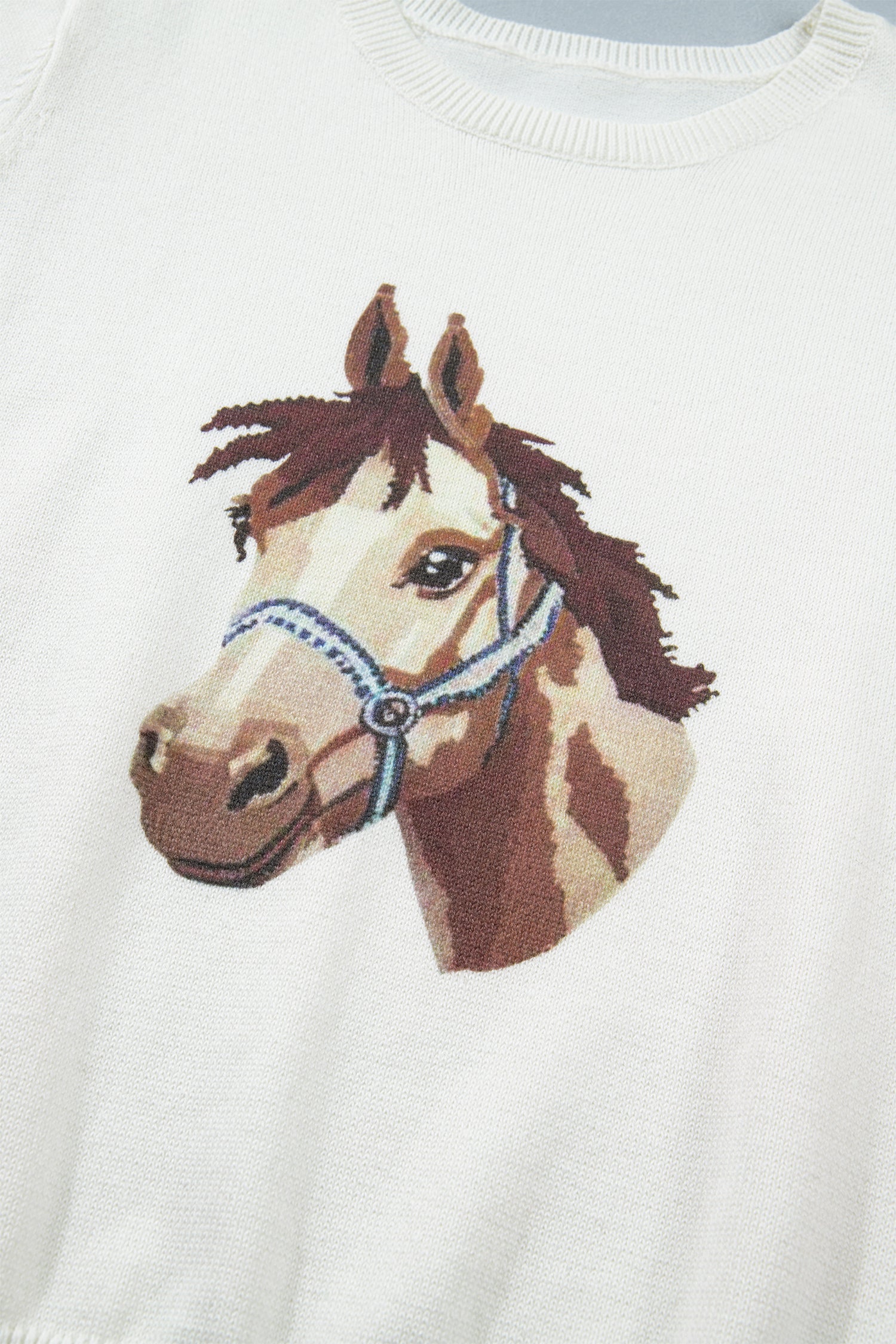 Regina Horse Graphic Short Sleeve Knit Sweater - Preppy Crew Neck