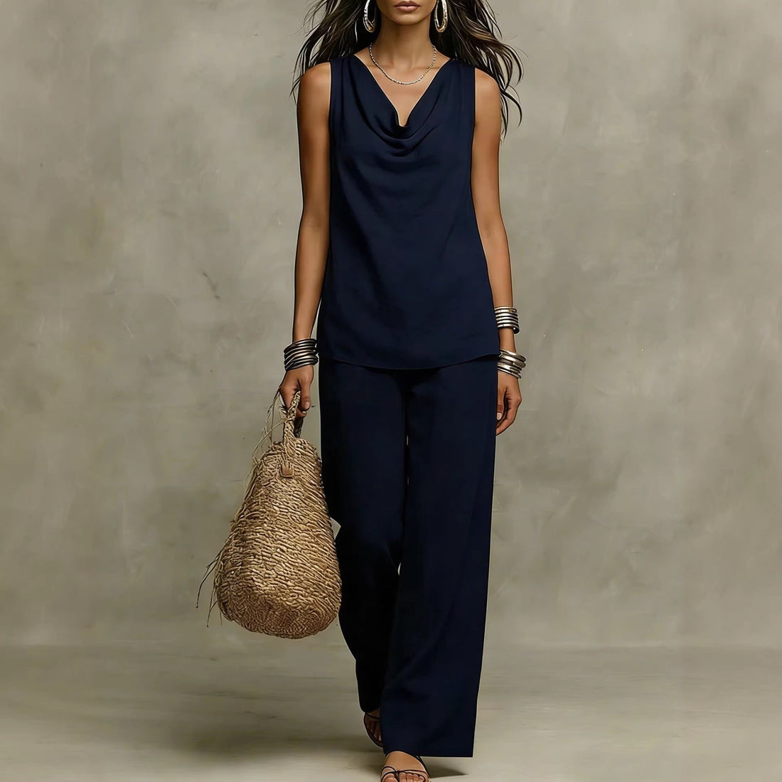 Women's Cowl Neck Sleeveless Tank and Wide Leg Pant Set - Image 3