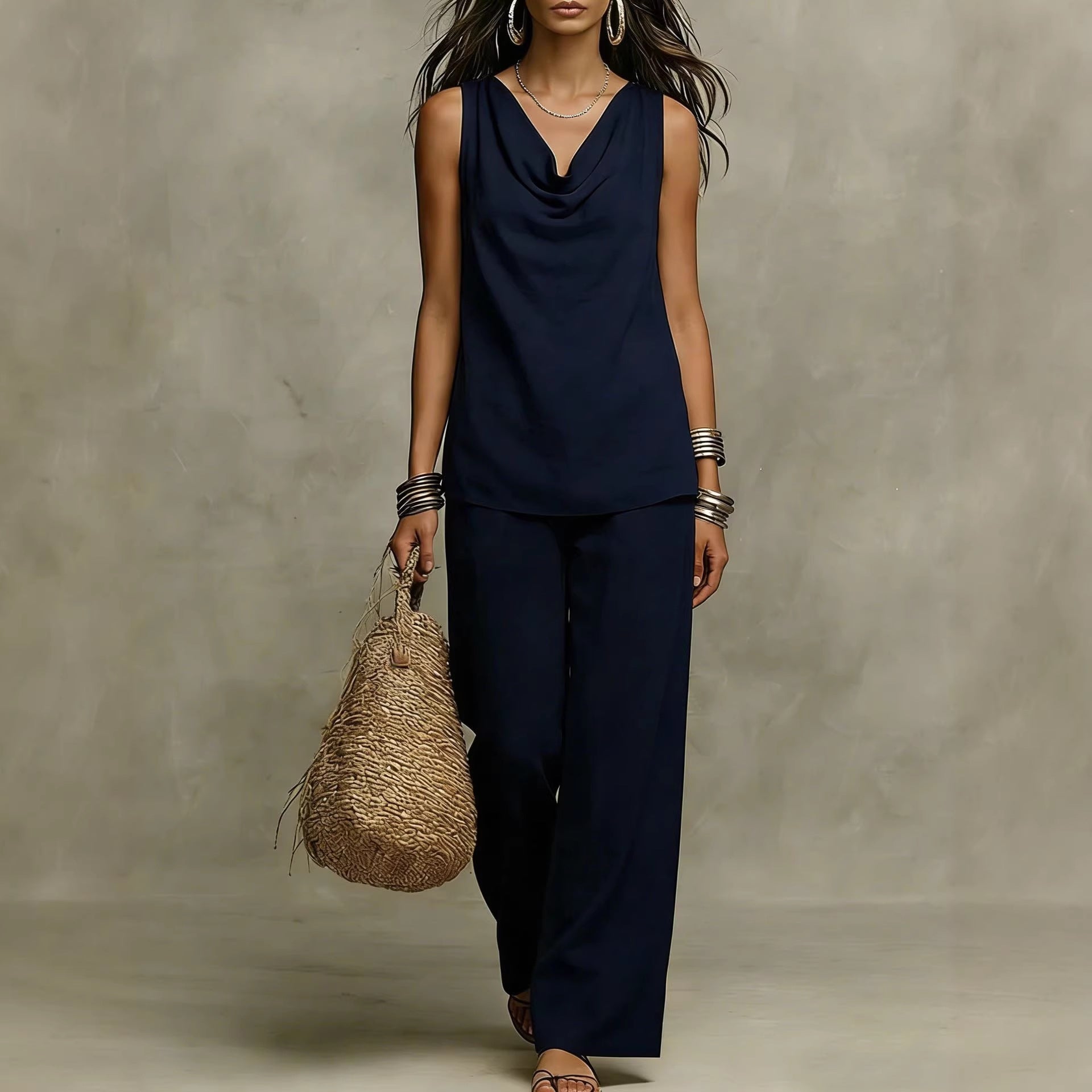 Women's Cowl Neck Sleeveless Tank and Wide Leg Pant Set - Image 3
