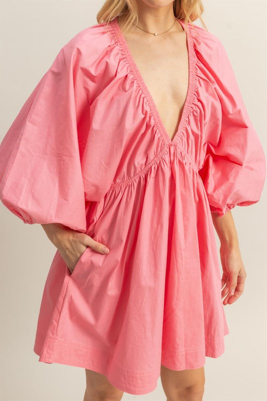 Plunge Balloon Sleeve Cotton Poplin Mini Dress in Pink
