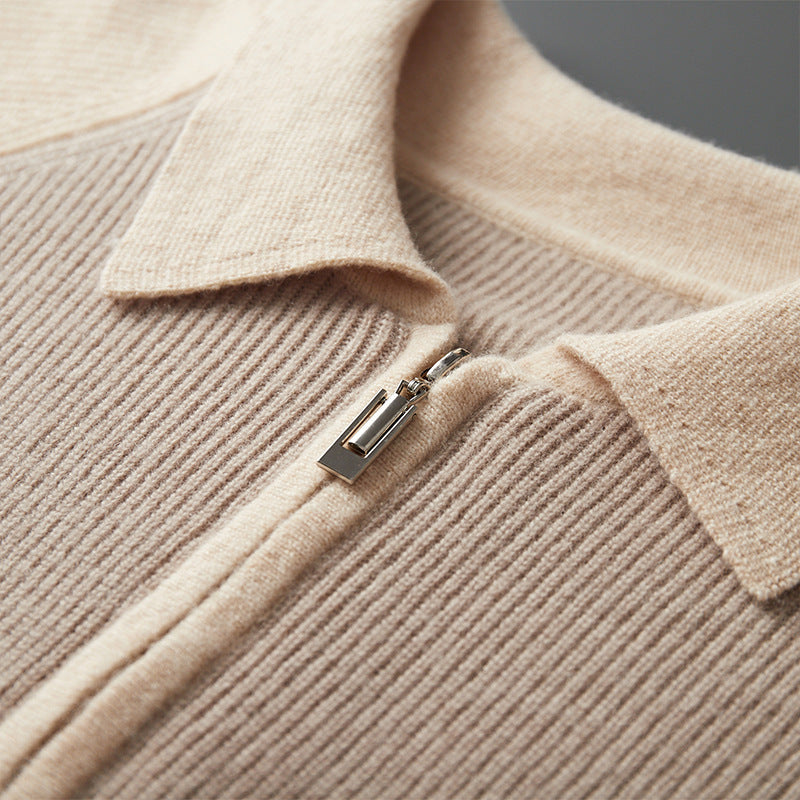 Men's Half Zipper Contrast Lapel Pullover Sweater in Wheat Camel