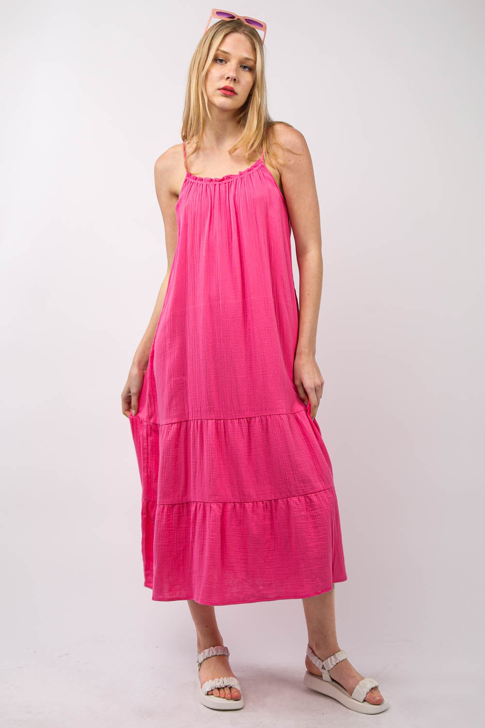 Ruffled A-Line Cotton Midi Cami Dress