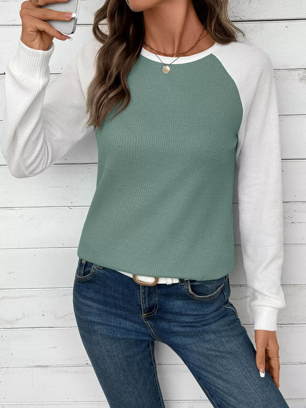 Waffle Knit Raglan Sleeve T-Shirt | Relaxed Fit Crew Neck