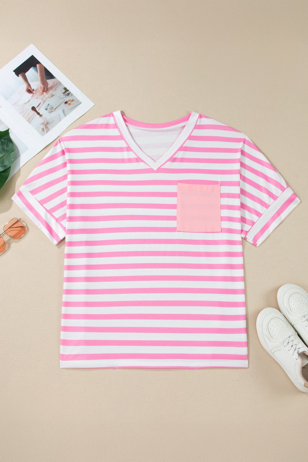 Pink and White Striped V-Neck Tee with Colorblock Pocket - Image 2