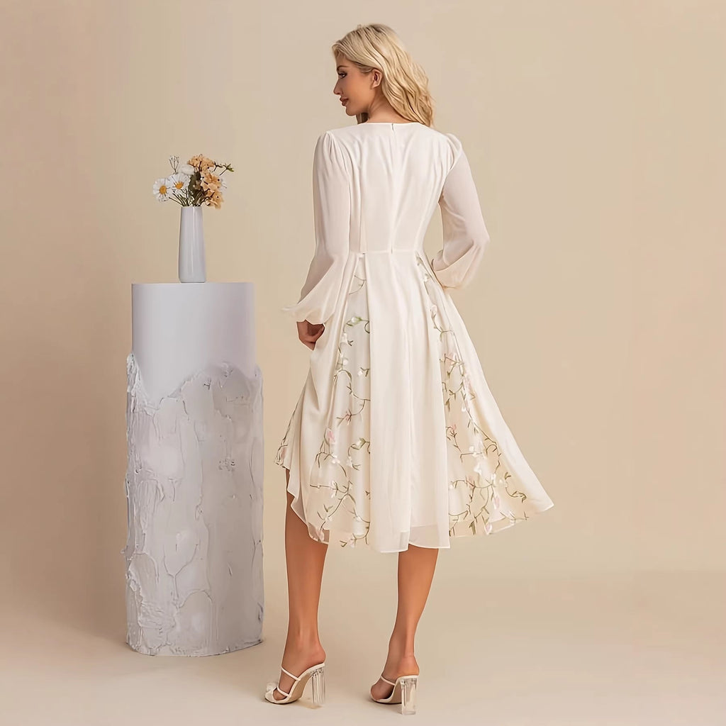 Floral Long Sleeve V-Neck Midi Dress with Pleated Flared Hem - Image 5