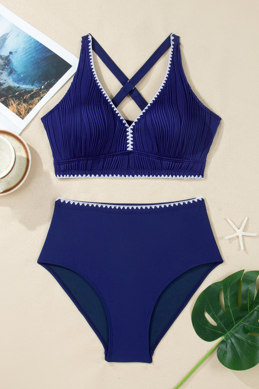 Shell Stitch Trim High Waist Bikini Set in Blue and White