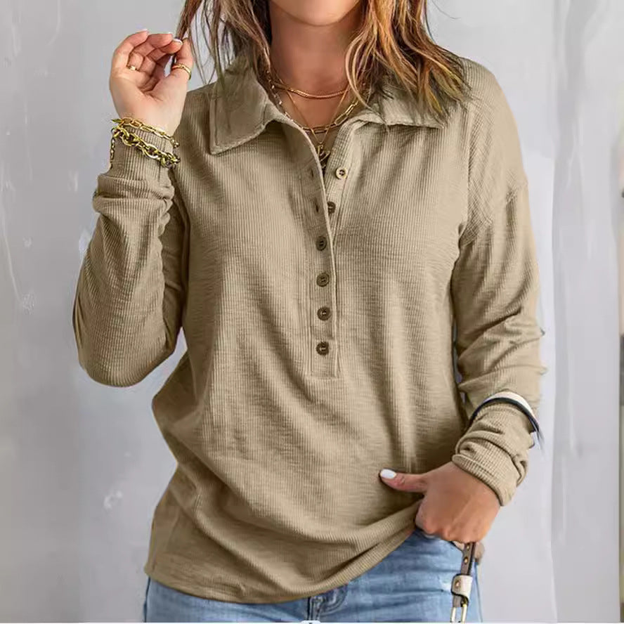 Women's Long Sleeve Waffle Knit Polo Shirt with Button Detail - Image 2