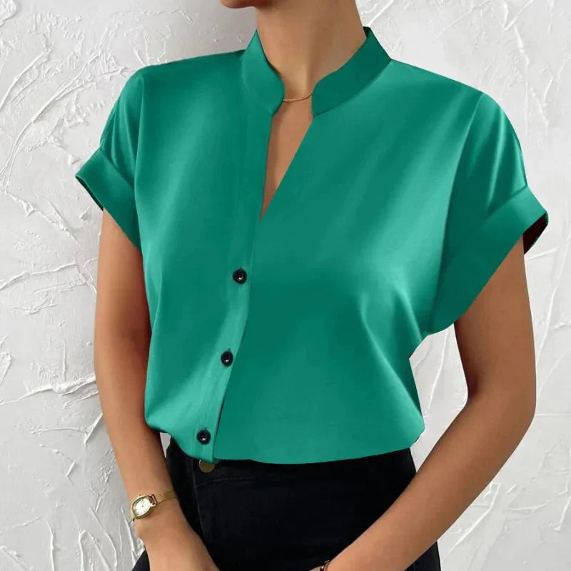 Women's Satin V-Neck Short Sleeve Blouse Elegant Casual Shirt - Image 11