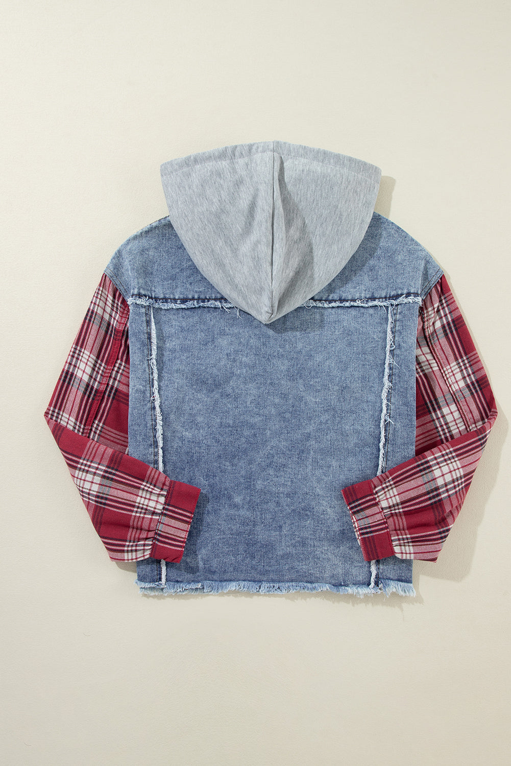 Plaid Patchwork Hooded Denim Jacket with Distressed Hem