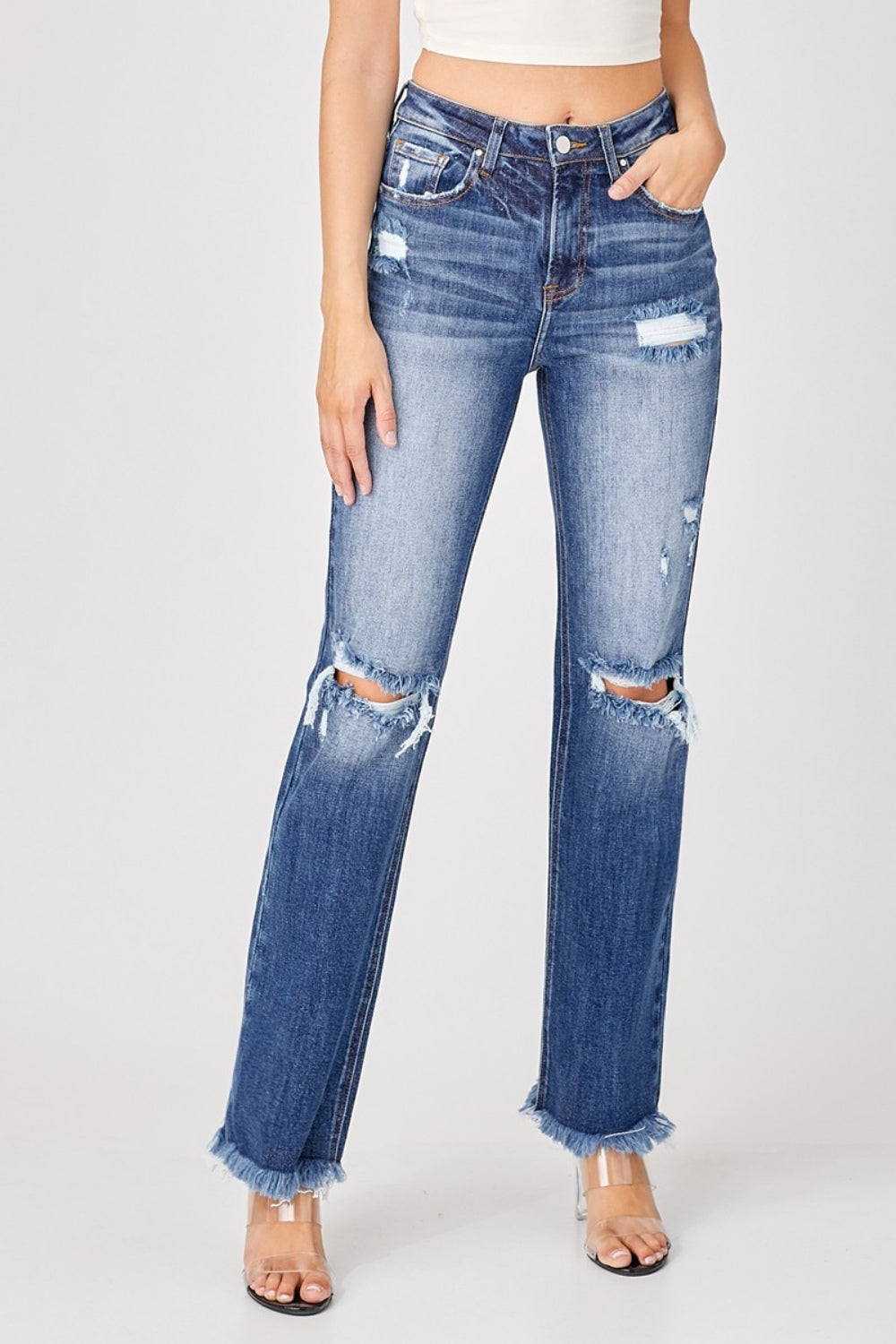 Risen Raw Hem Distressed Straight Jeans | High-Rise Denim