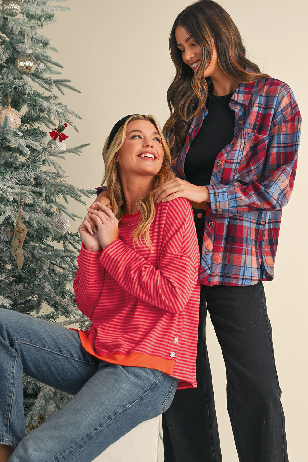 Women's Red Plaid Print Drop Sleeve Loose Shirt Casual Top