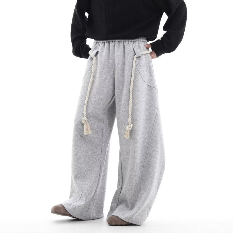 Women's Loose Fit Wide Leg Sweatpants with Rope Belt Detail - Image 4