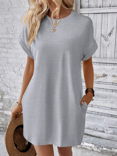 Casual Round Neck Short Sleeve Mini T-Shirt Dress with Pockets - Image 8