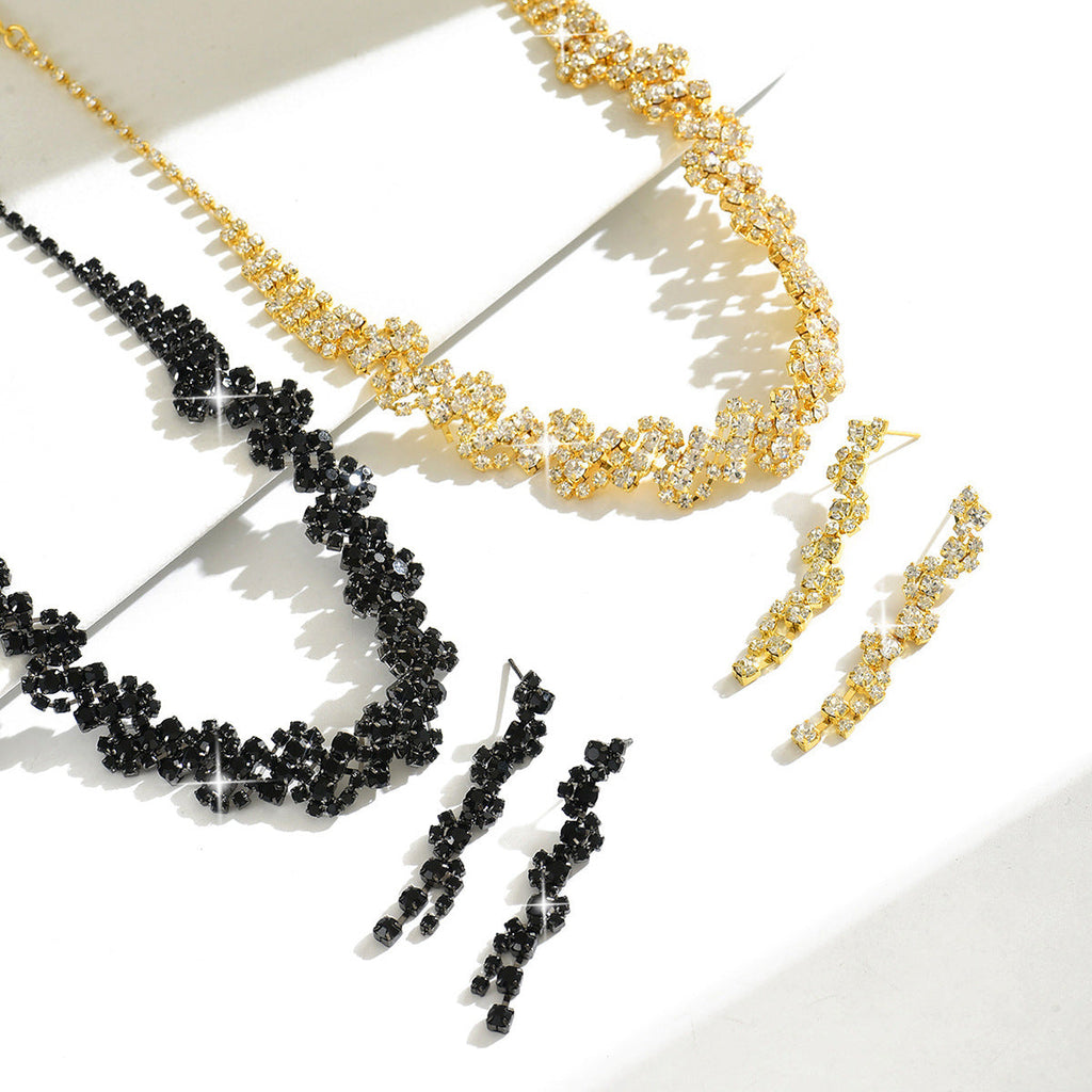 Full Diamond Jewelry Multi-Color Cross-Border European And American Necklace Earrings Set Bridal Ring New Two-Piece Set Fashionable Winter Accessories
