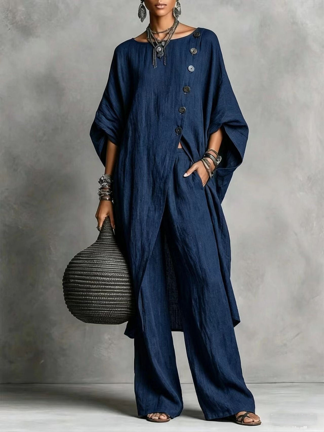 Women's Drop Shoulder Irregular Hem Tunic and Wide Leg Pants Set - Image 10