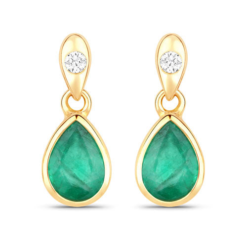 1.35 Carat Genuine Zambian Emerald and White Diamond 10K Yellow Gold Earrings