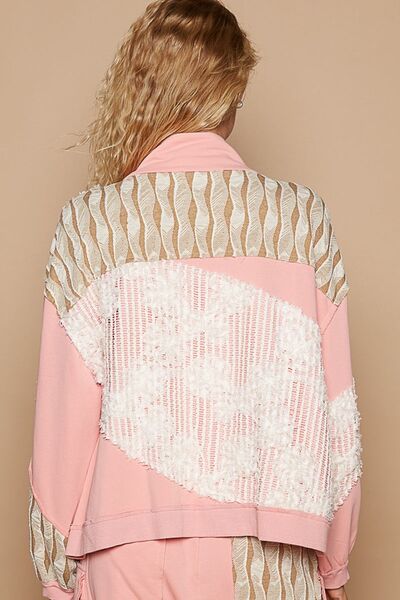 Pink Applique Patchwork Zip-Up Jacket with Artistic Details
