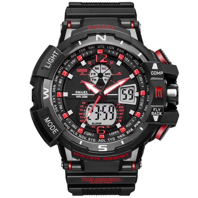 Modern Red Hybrid Digital-Analog Military Sport Watch 50M