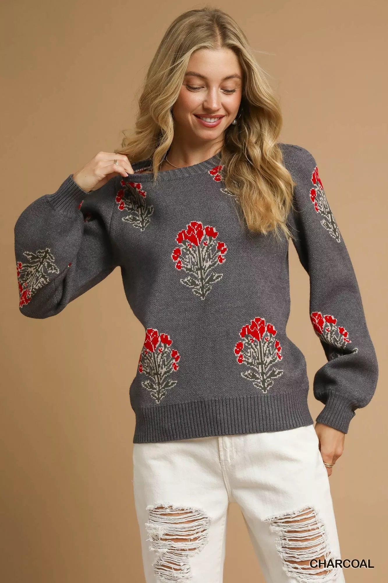 Single Flower Stem Jacquard Pullover Sweater in Charcoal