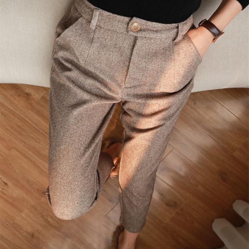 Women's Herringbone Wool-Like Tapered Trousers Ankle Length Pants - Image 2