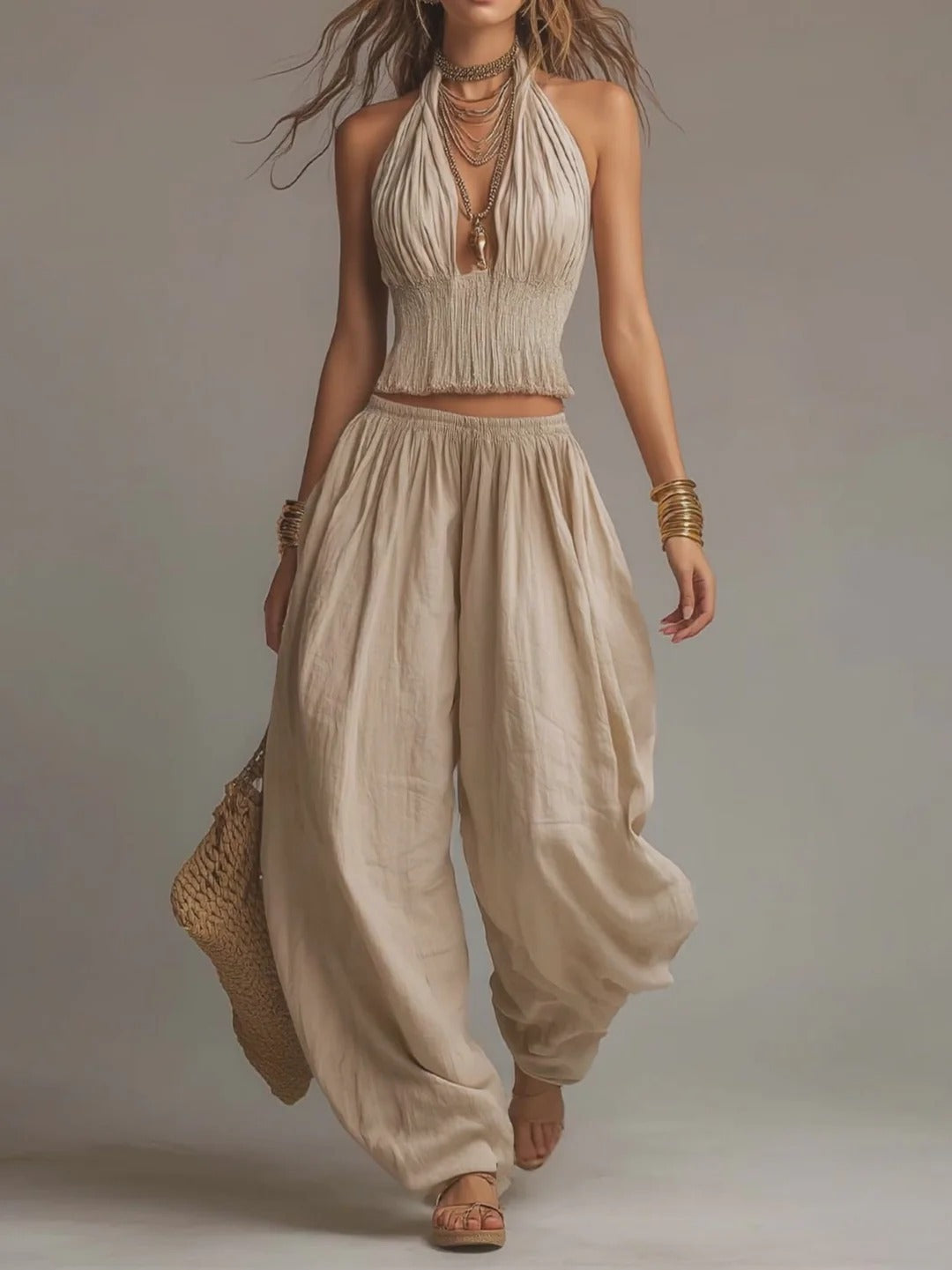 Women's Backless Halter Top & Wide-Leg Pants Set - Resort Wear