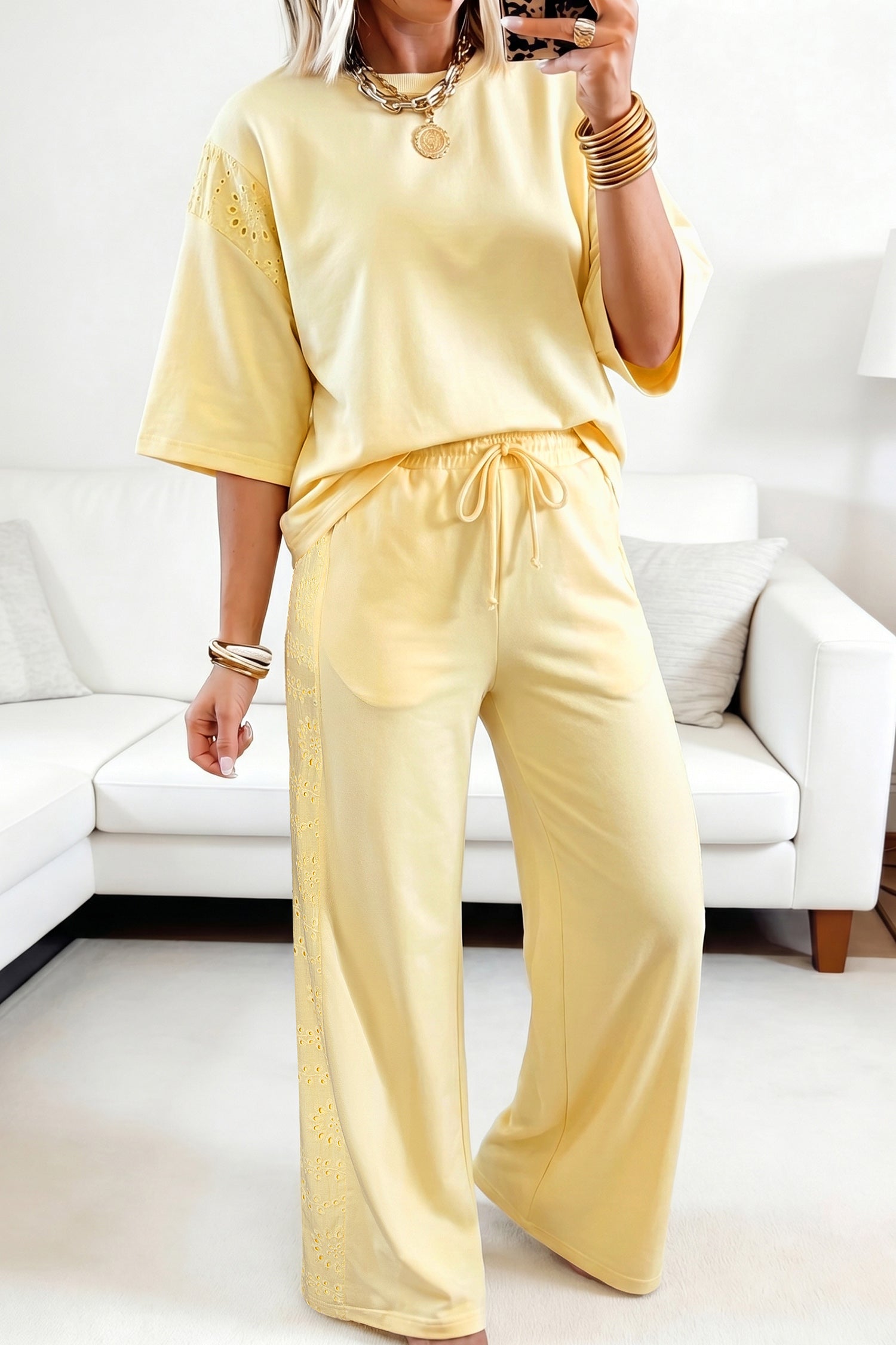 Sachet Pink Lace Patchwork Two-Piece Top and Elastic Waist Pants Set