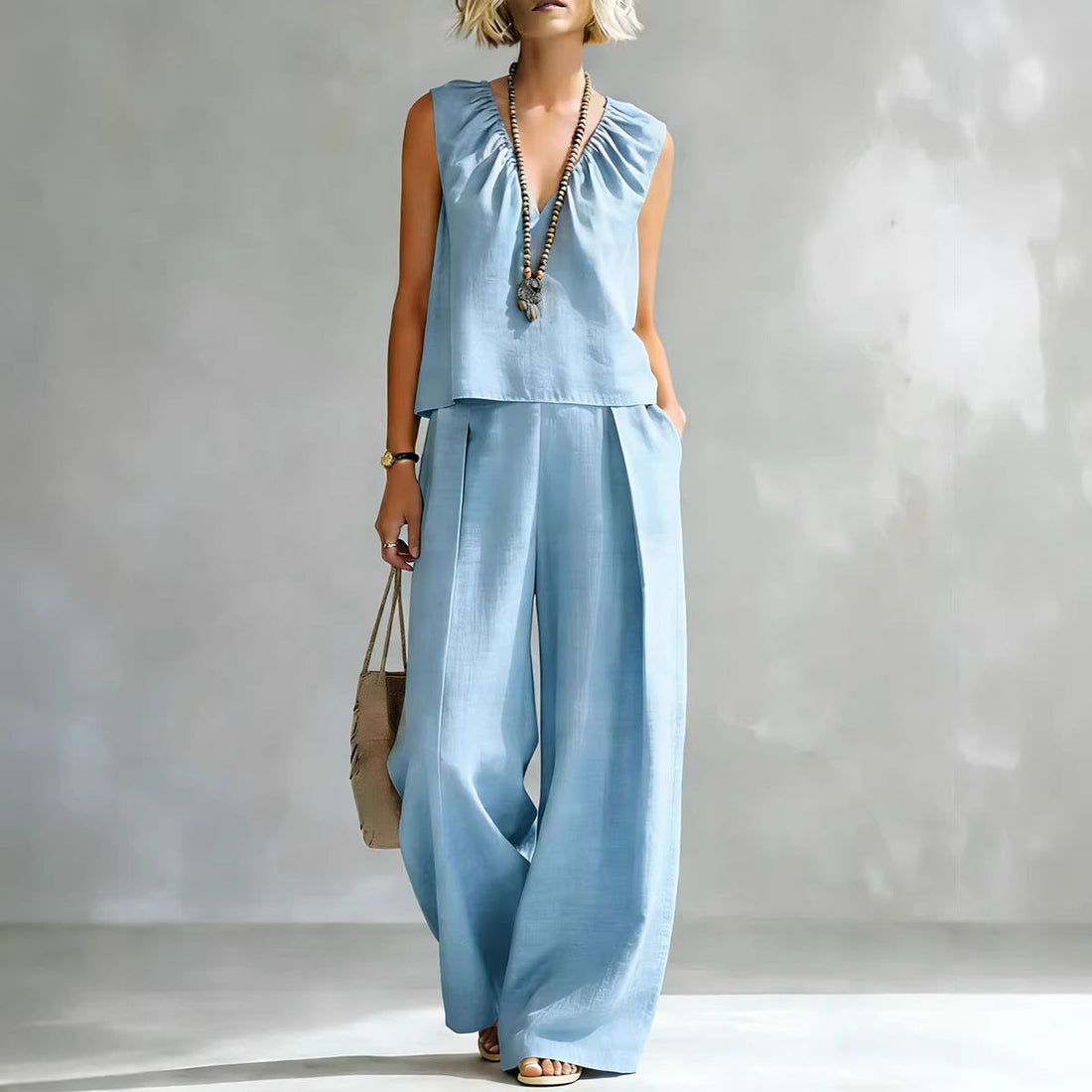 Women's Sleeveless Cotton-Linen Blouse and Wide-Leg Pants Set - Image 4