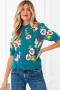 Floral Knit Crewneck Short Sleeve Top