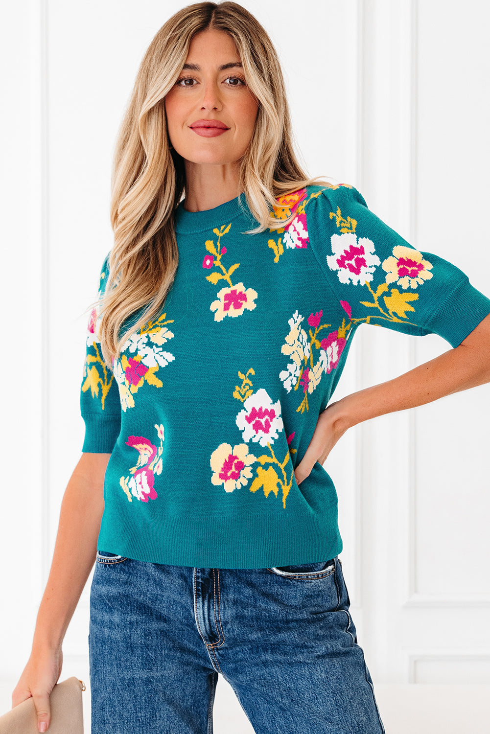 Floral Knit Crewneck Short Sleeve Top